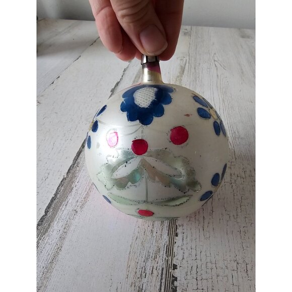 Antique flower ball mercury ornament glass blue yellow striped flocked - Picture 1 of 8